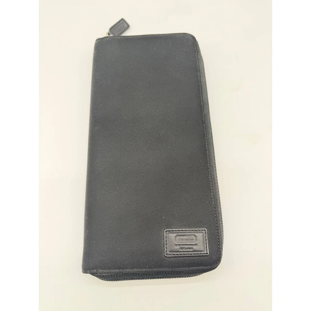 Coach Womens‎ Black Canvas Leather Zip Around Travel Wallet Passport Organizer